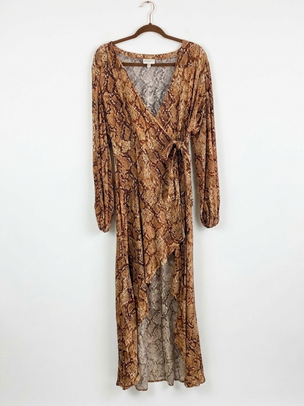 NWT Shyanne Snake Print Faux Wrap Maxi Dress Taupe Brown Long Sleeve Large